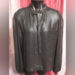 'Express' Metallic Black Tie-Neck Blouse
